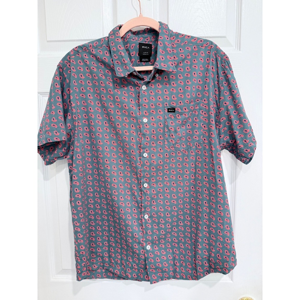 RVCA Mens Paisley Short Sleeve Button Up Shirt Vintage Fit Teal Pink MK509SIM L